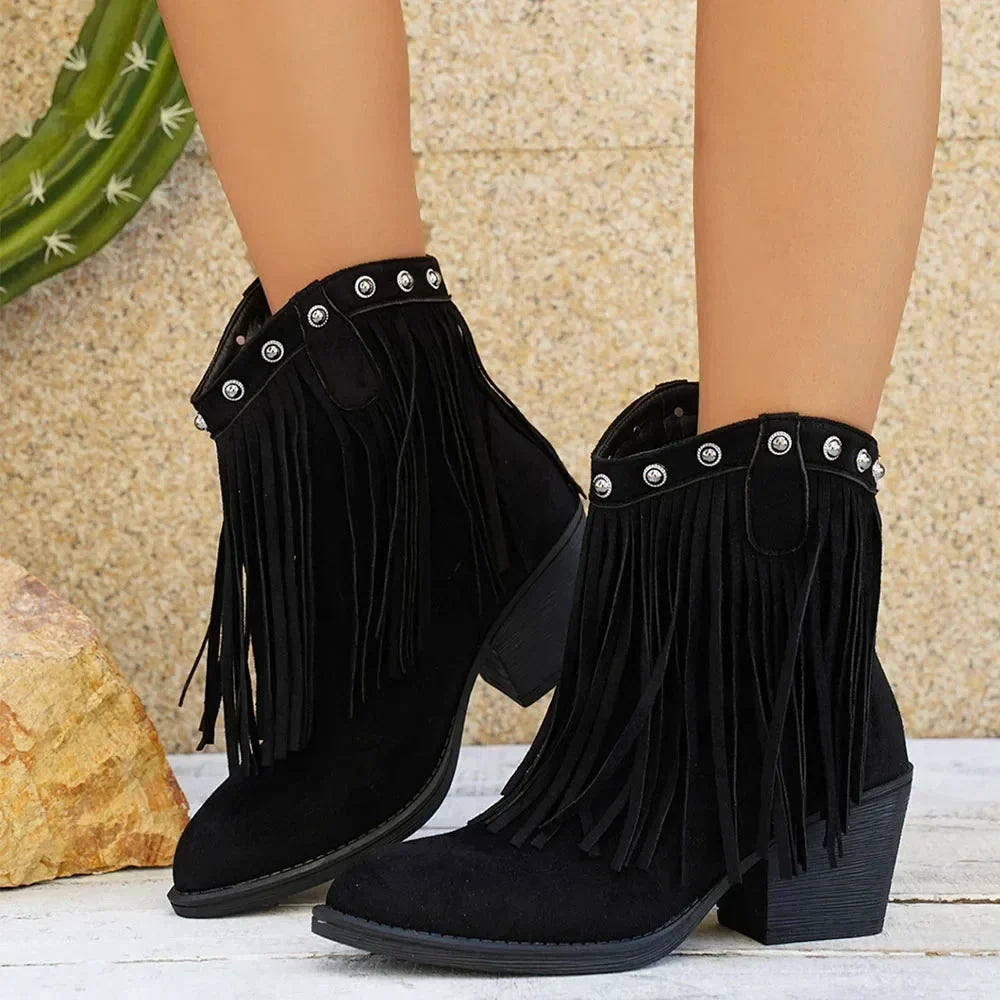 Moncelia Valentina Fringe Studded Western Ankle Boots
