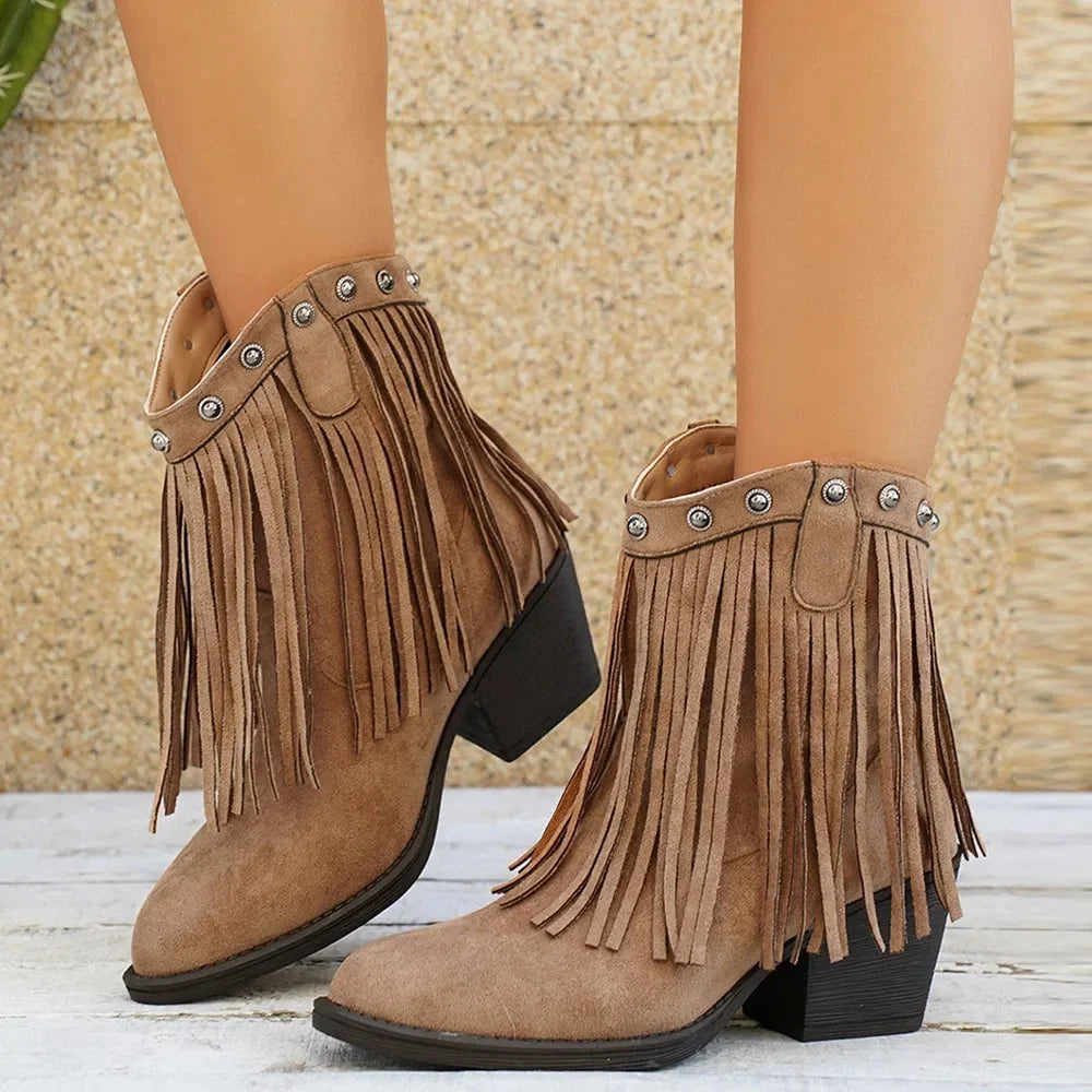 Moncelia Valentina Fringe Studded Western Ankle Boots