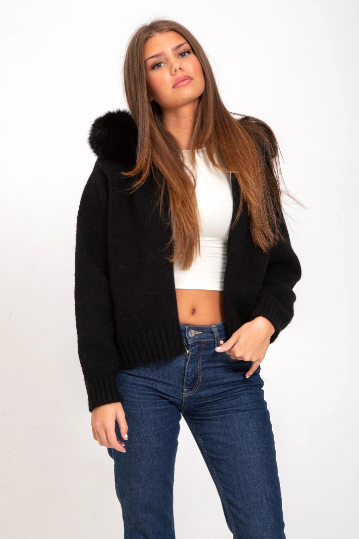 Moncelia Inga Faux Fur Hood Knit Bomber Jacket