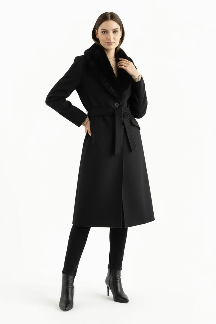 Moncelia Lidia Faux Fur Collar Belted Wool-Blend Coat