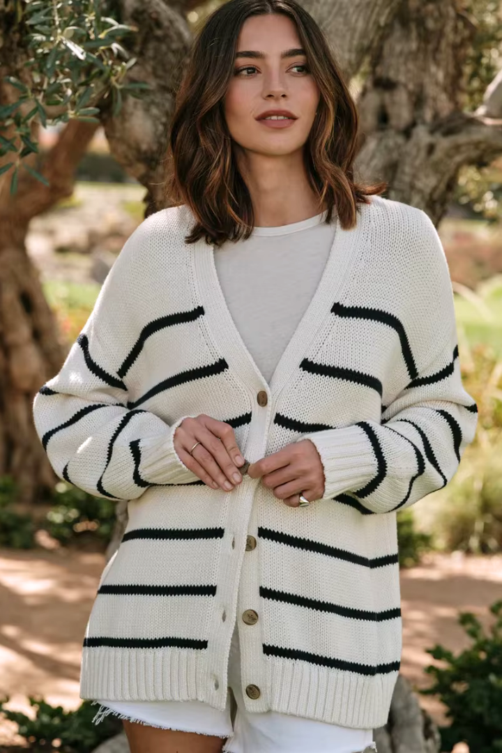 Moncelia Gaia Striped Button-Front Knit Cardigan