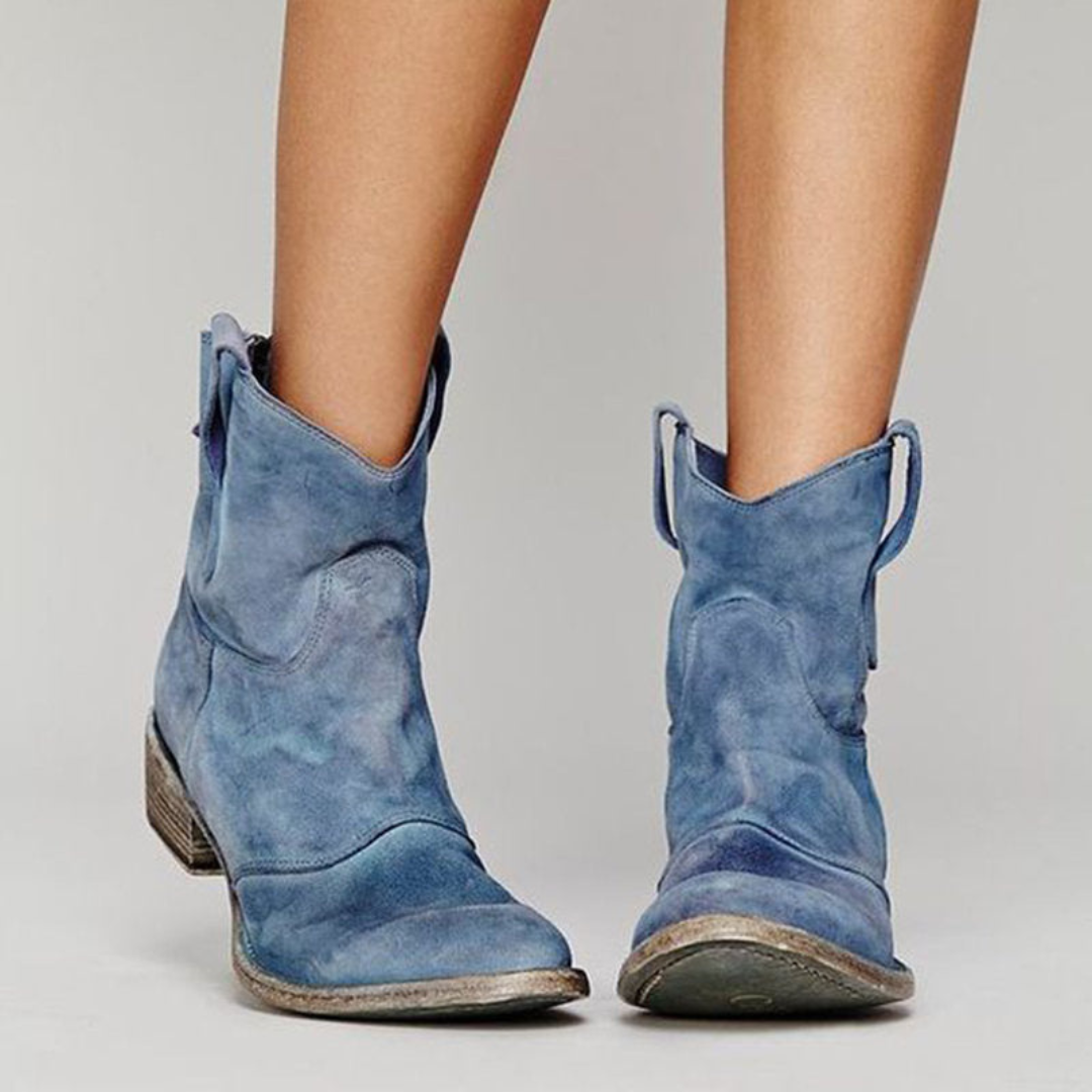 Moncelia Nieves Distressed Faux Suede Western Ankle Booties