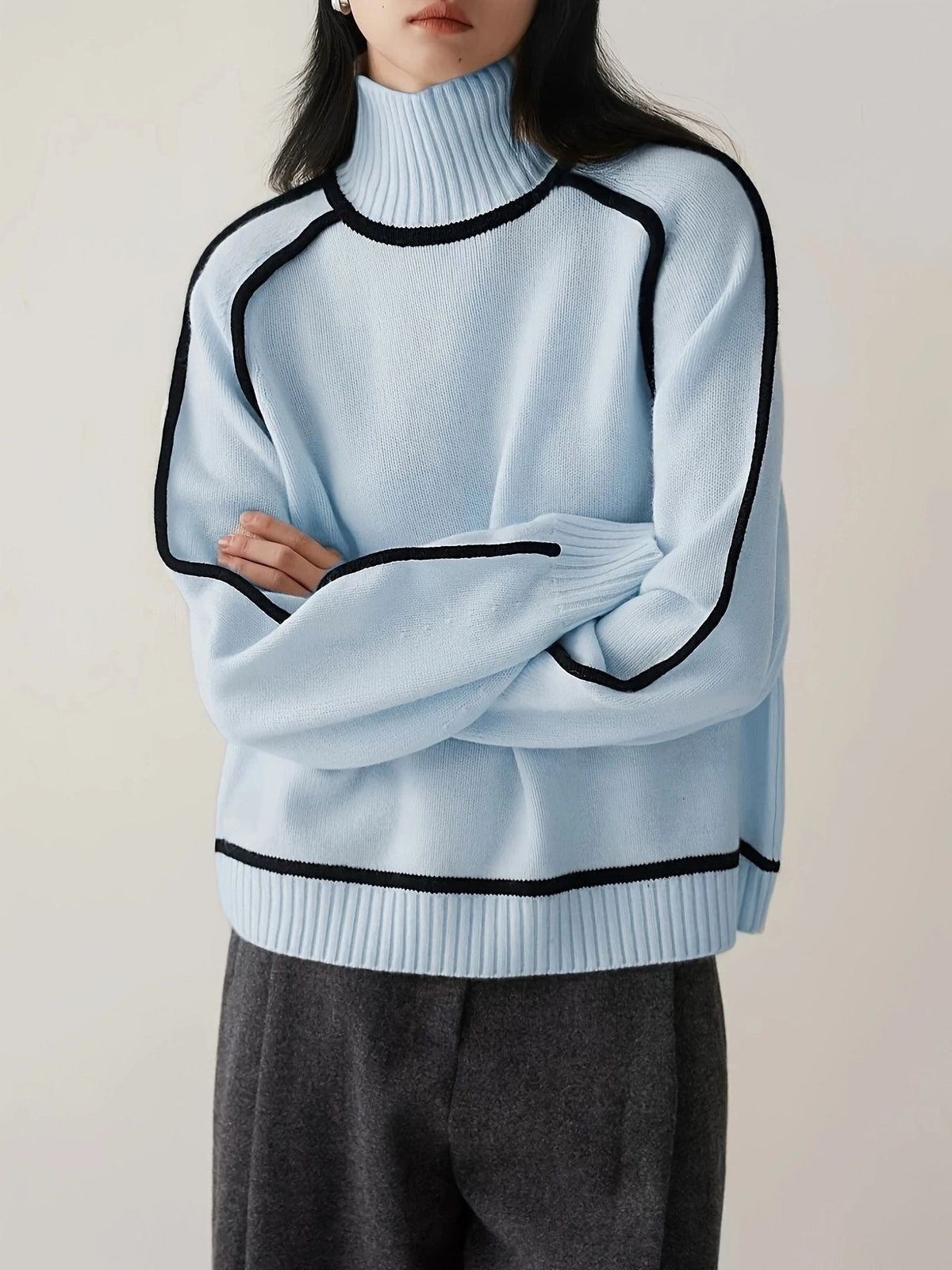 Moncelia Ornella Contrast Piping Turtleneck Sweater