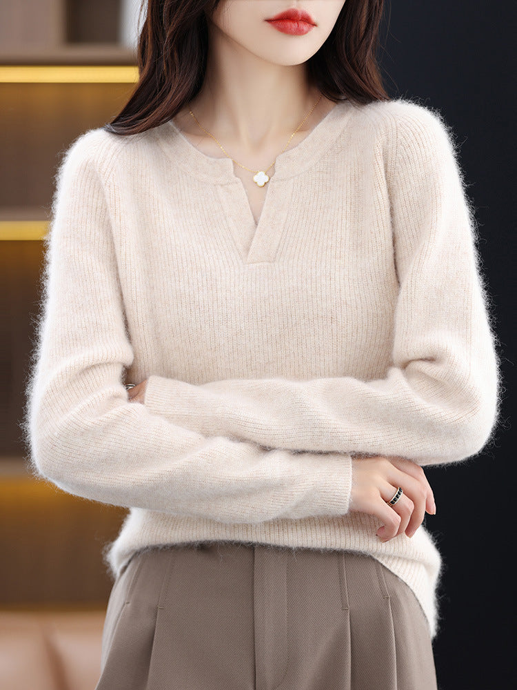Moncelia Mimosa Plush Velvet Notch V-Neck Sweater