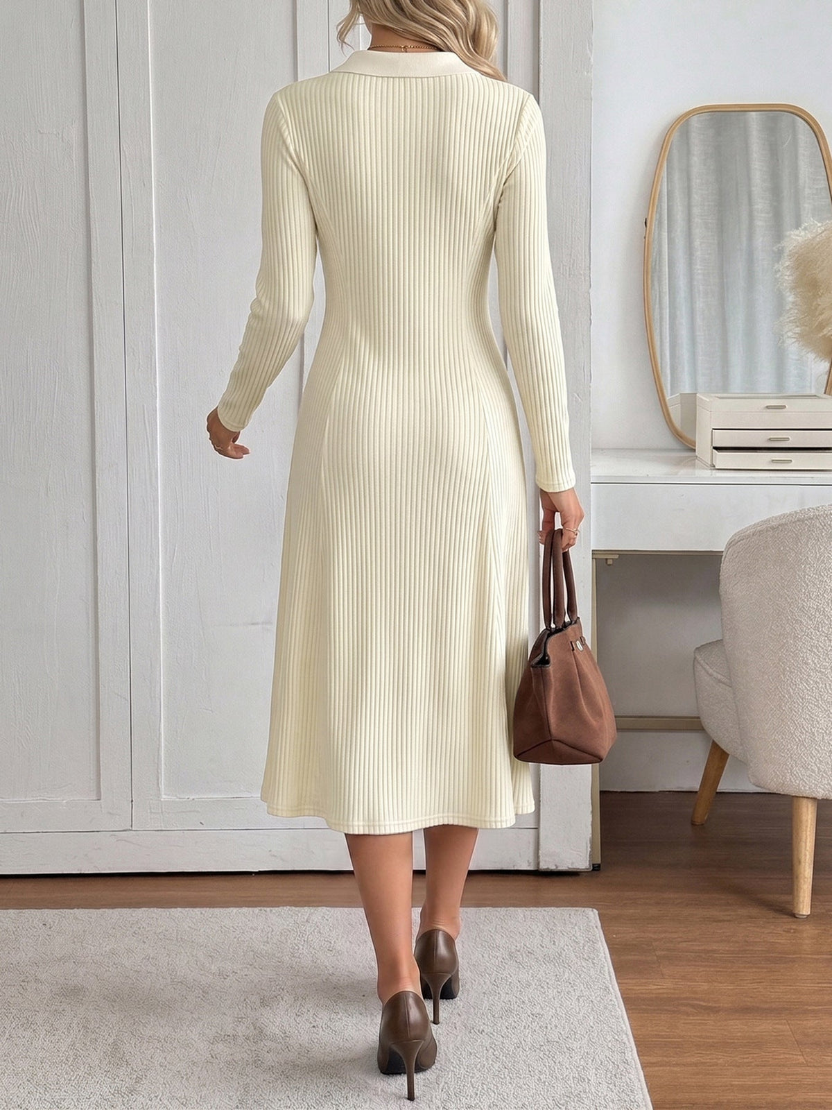 Moncelia Rufina Ribbed Knit Polo Collar Midi Dress