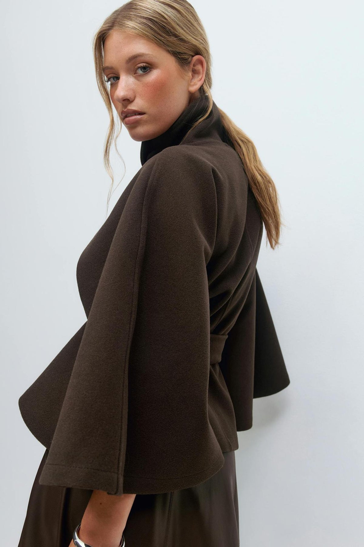 Moncelia Anneke Button-Front Belted Cape Coat
