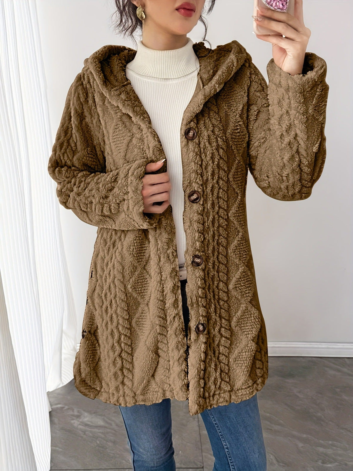 Moncelia Embla Hooded Sherpa Fleece Button Jacket