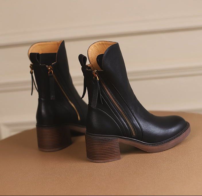 Moncelia Chantal Side-Zip Stacked Heel Ankle Boots