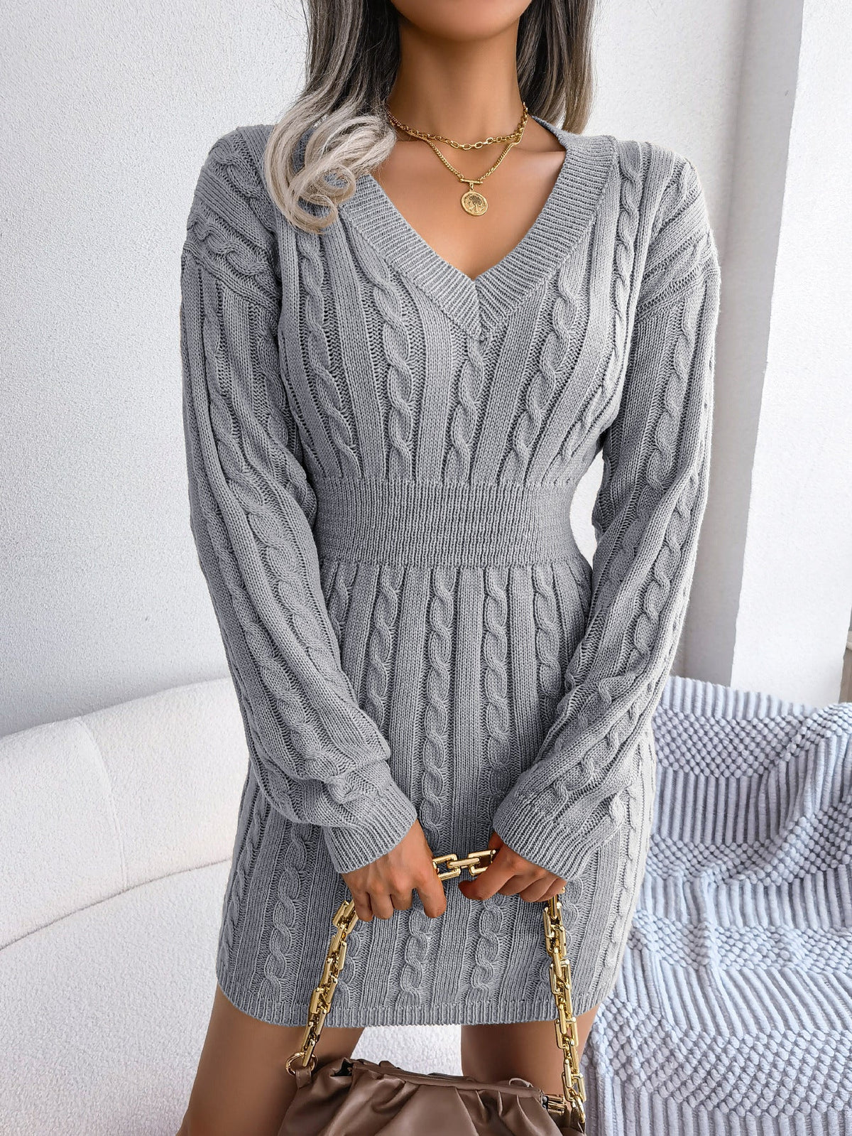 Moncelia Michela Cable-Knit Smocked-Waist Sweater Dress