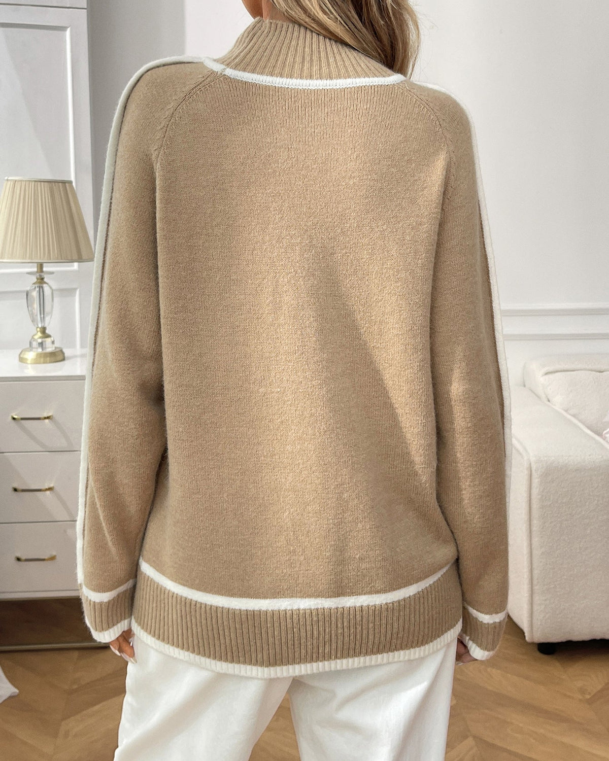Moncelia Isaline Contrast-Trim Mock Neck Sweater