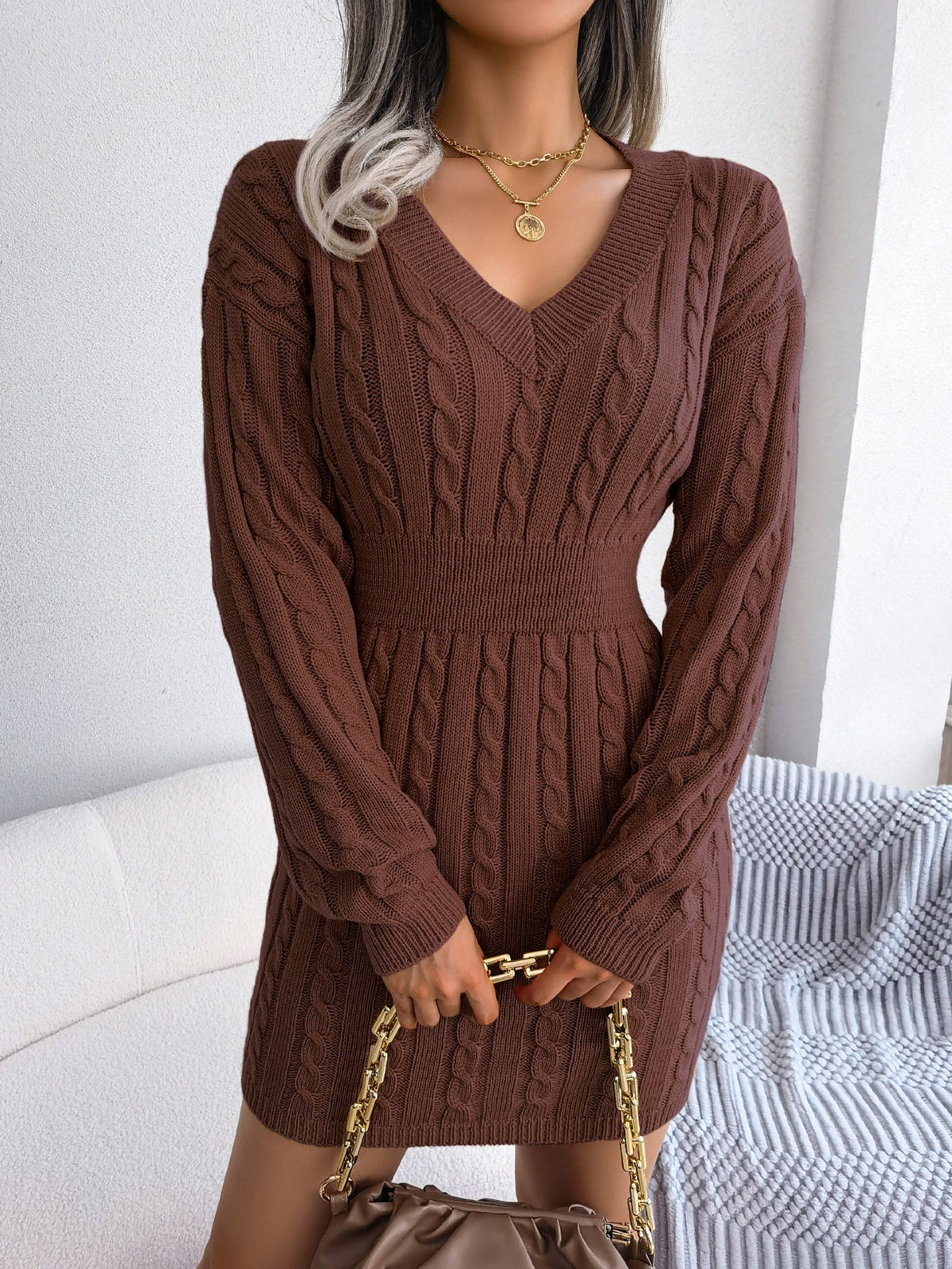 Moncelia Michela Cable-Knit Smocked-Waist Sweater Dress