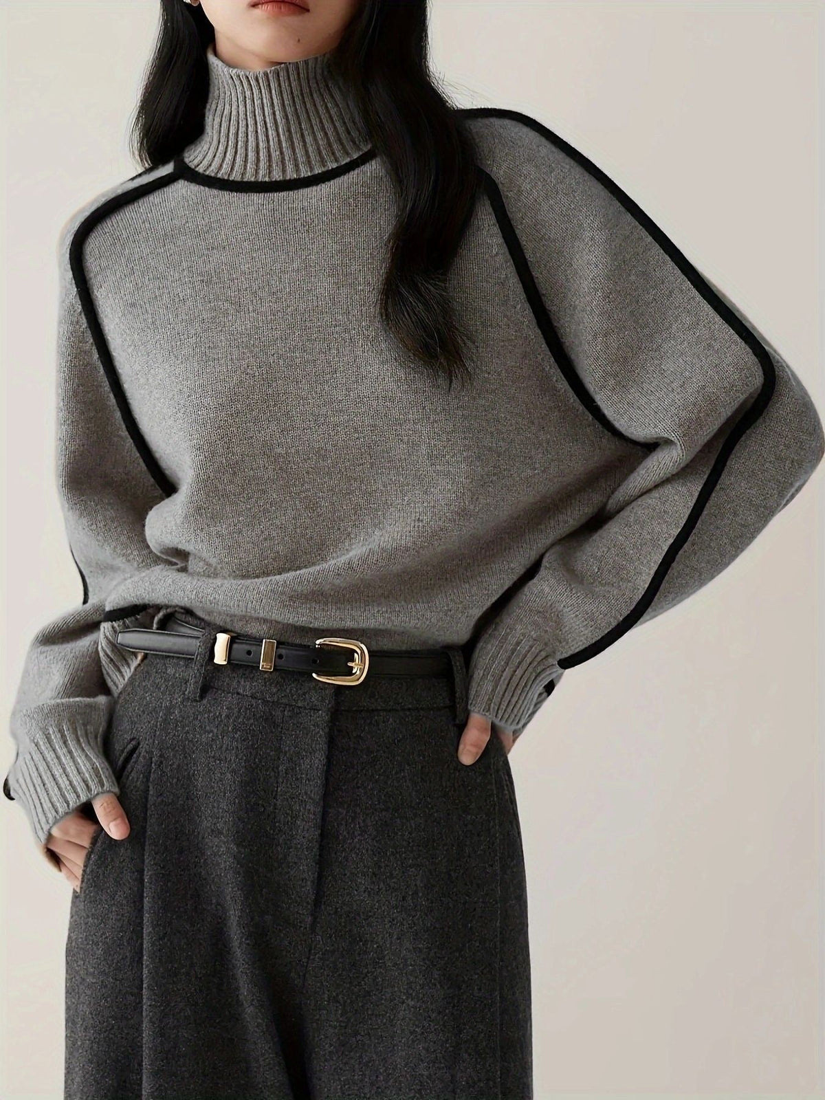 Moncelia Ornella Contrast Piping Turtleneck Sweater