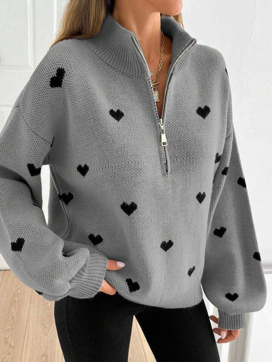 Moncelia Signy Heart Print Quarter-Zip Sweater