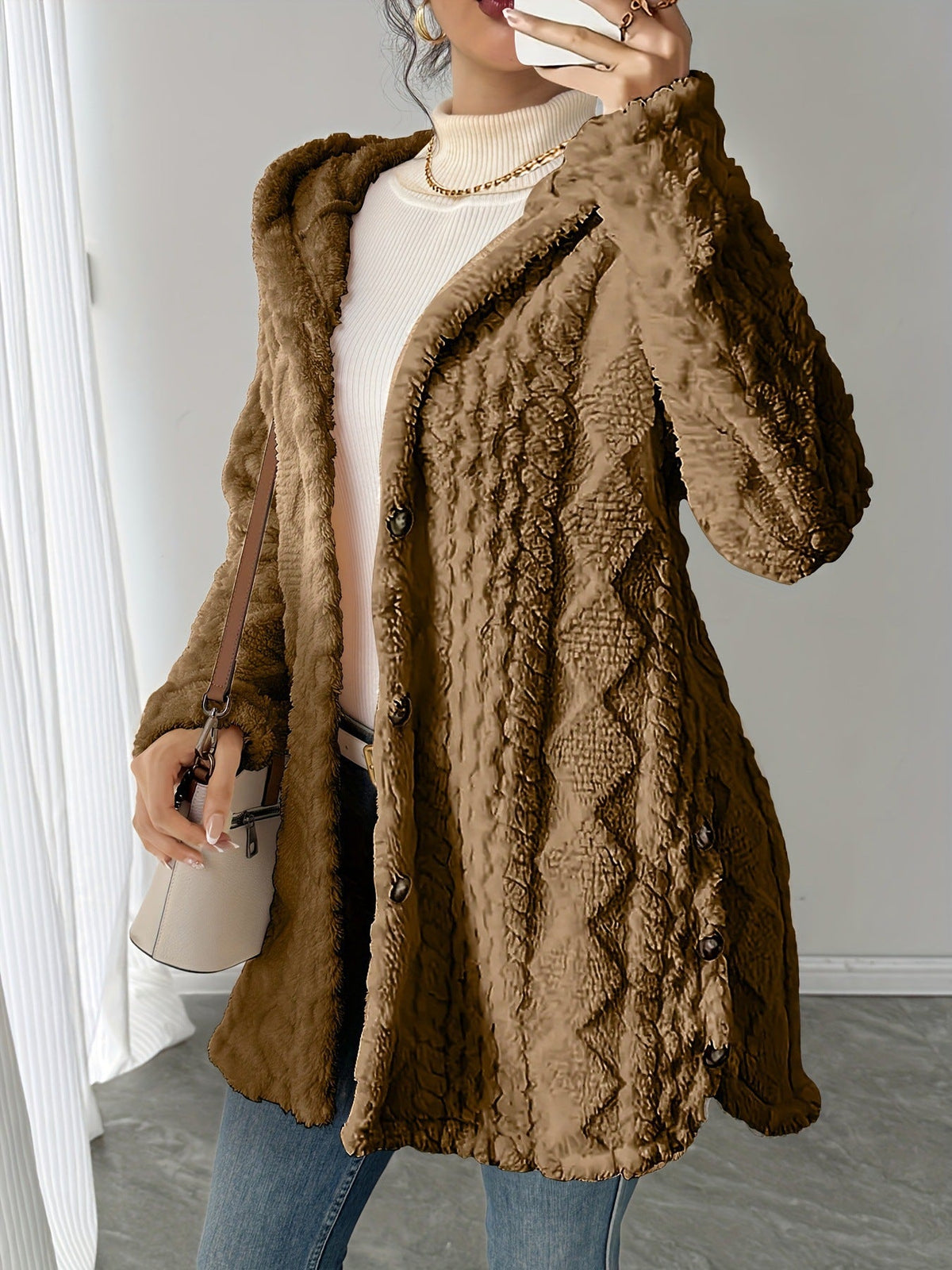 Moncelia Embla Hooded Sherpa Fleece Button Jacket