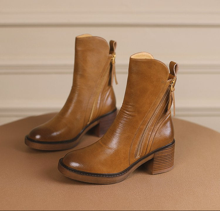 Moncelia Chantal Side-Zip Stacked Heel Ankle Boots