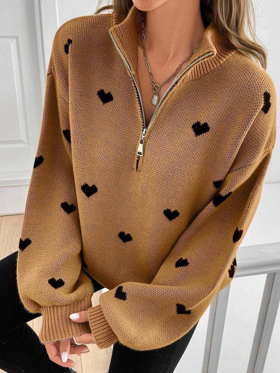 Moncelia Signy Heart Print Quarter-Zip Sweater