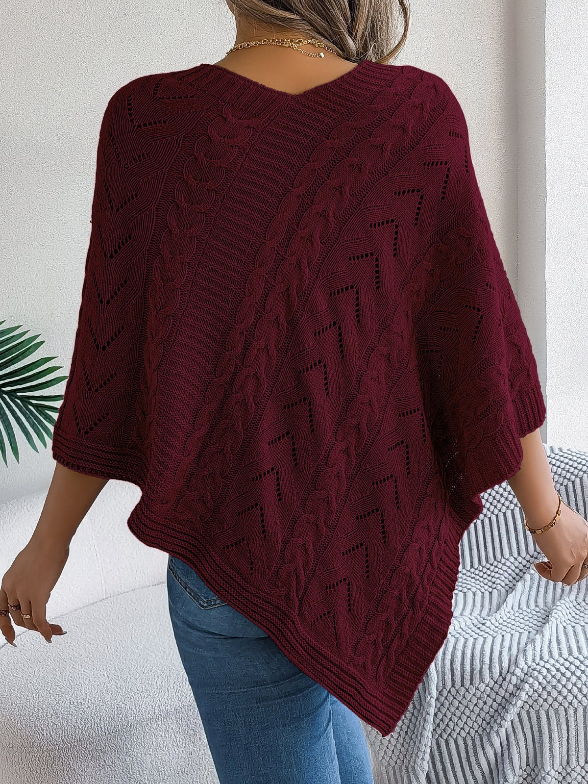 Moncelia Dalila Cable Knit V-Neck Cape Poncho