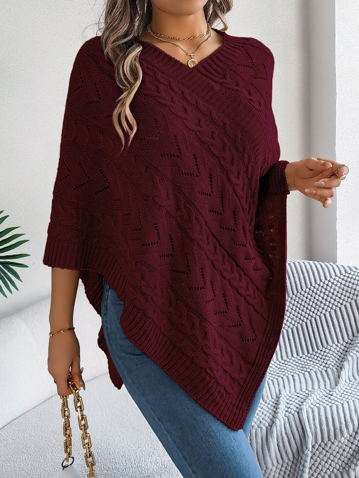 Moncelia Dalila Cable Knit V-Neck Cape Poncho