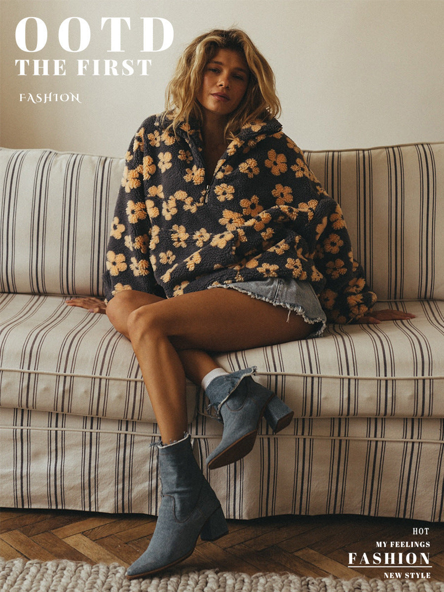 Moncelia Aurore Floral Sherpa Half-Zip Pullover
