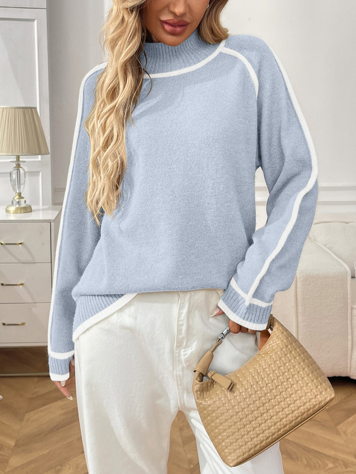 Moncelia Isaline Contrast-Trim Mock Neck Sweater