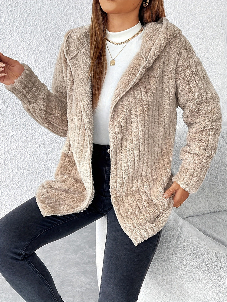 Moncelia Marzia Hooded Ribbed Plush Fleece Jacket