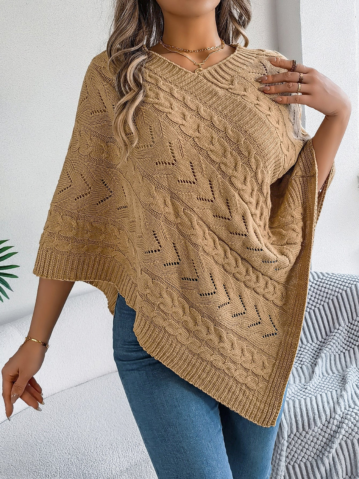 Moncelia Dalila Cable Knit V-Neck Cape Poncho