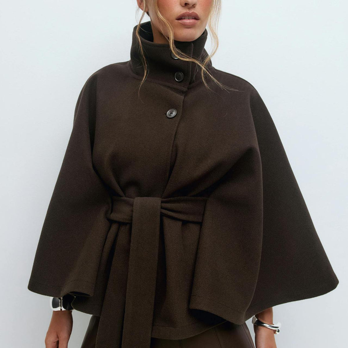 Moncelia Anneke Button-Front Belted Cape Coat