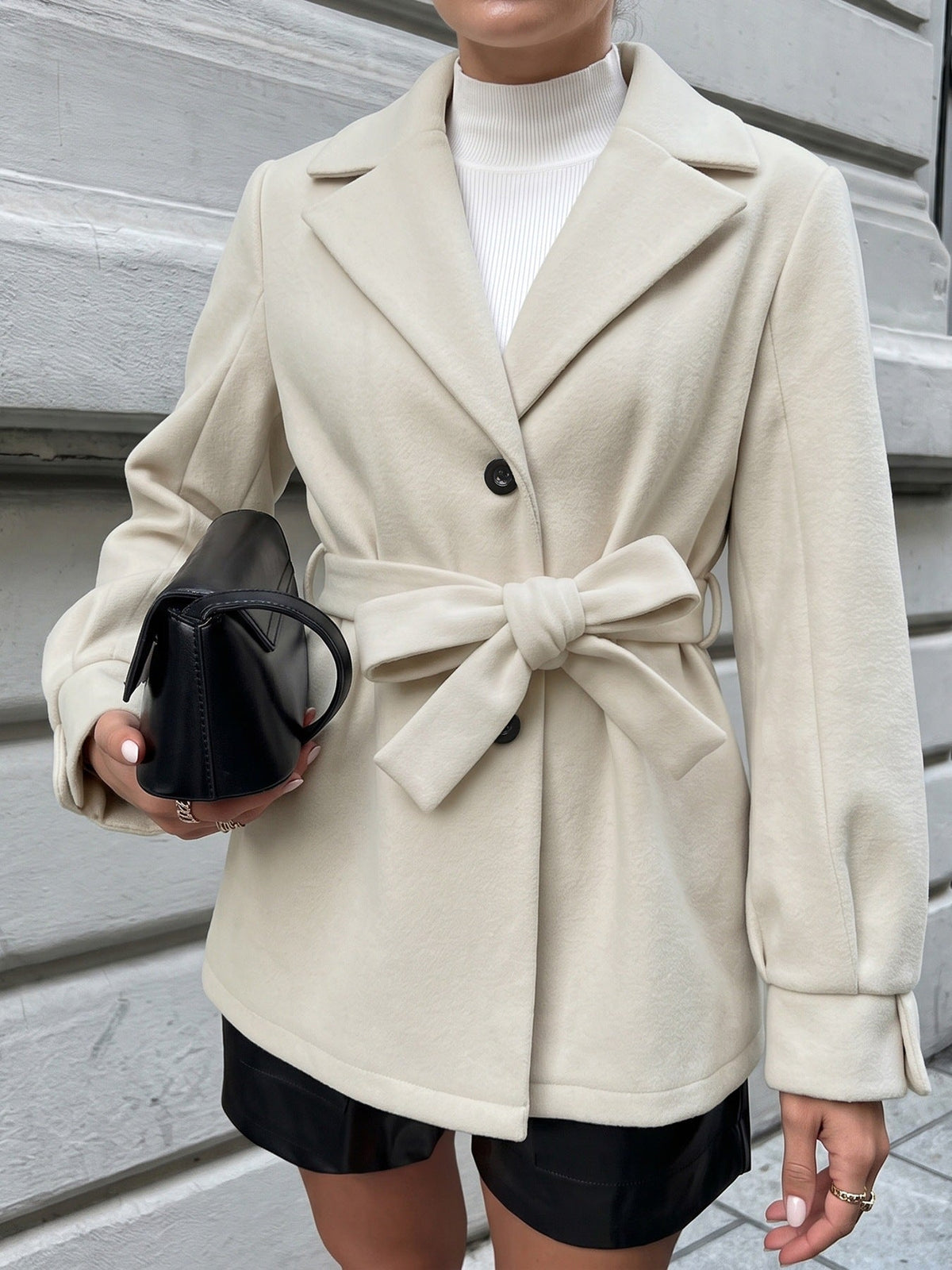 Margo & Main cream wool blend belted short coat — front view with bow belt and handbag, US women's sizes