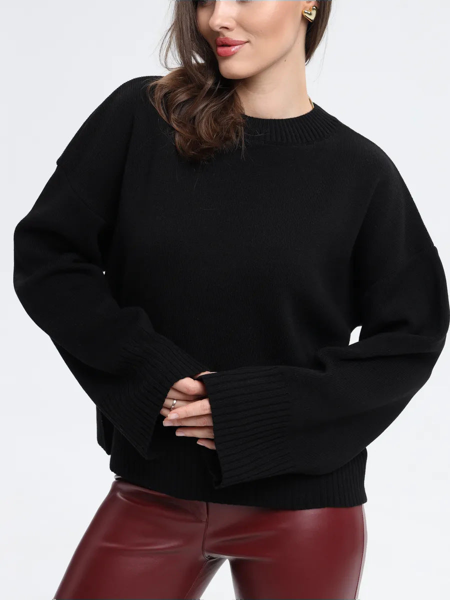Moncelia Signe Ribbed-Cuff Oversized Pullover Sweater