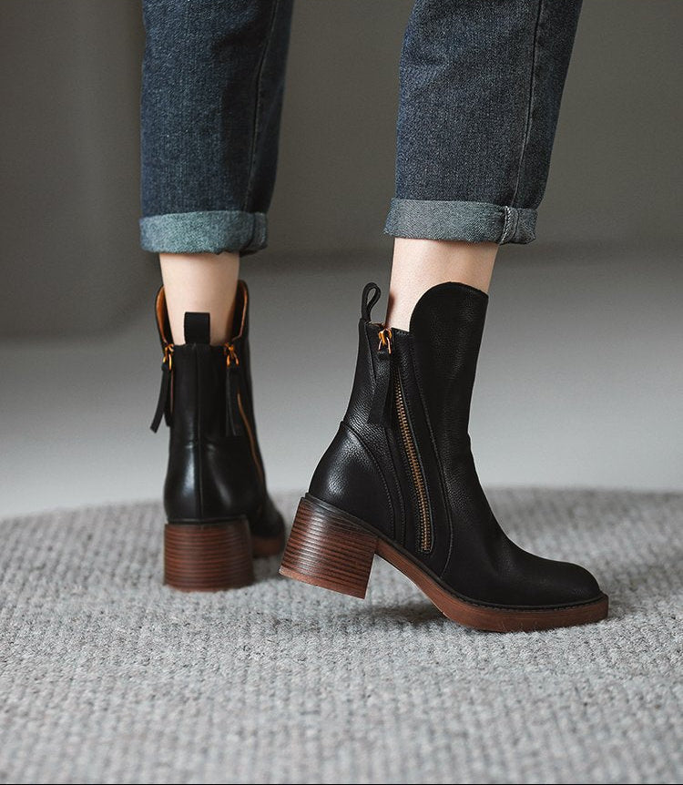 Moncelia Chantal Side-Zip Stacked Heel Ankle Boots
