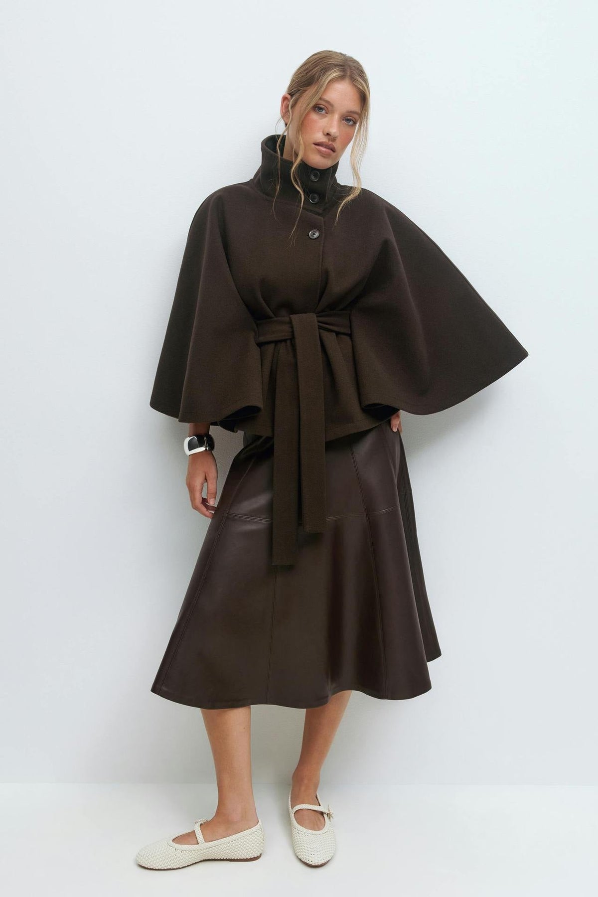 Moncelia Anneke Button-Front Belted Cape Coat