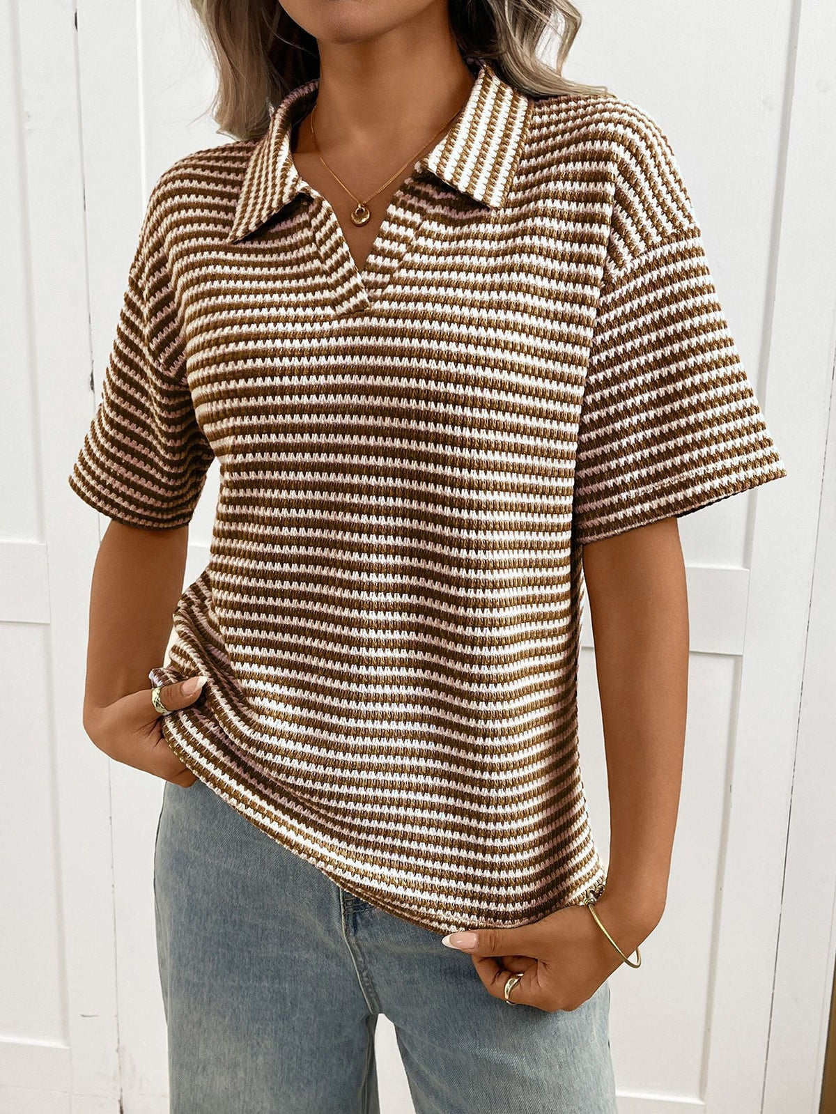 Moncelia Mabel Textured Knit Polo Top