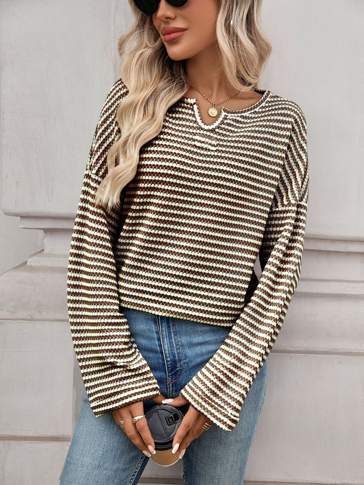 Moncelia Rachele Waffle Knit Split-Neck Long Sleeve Top