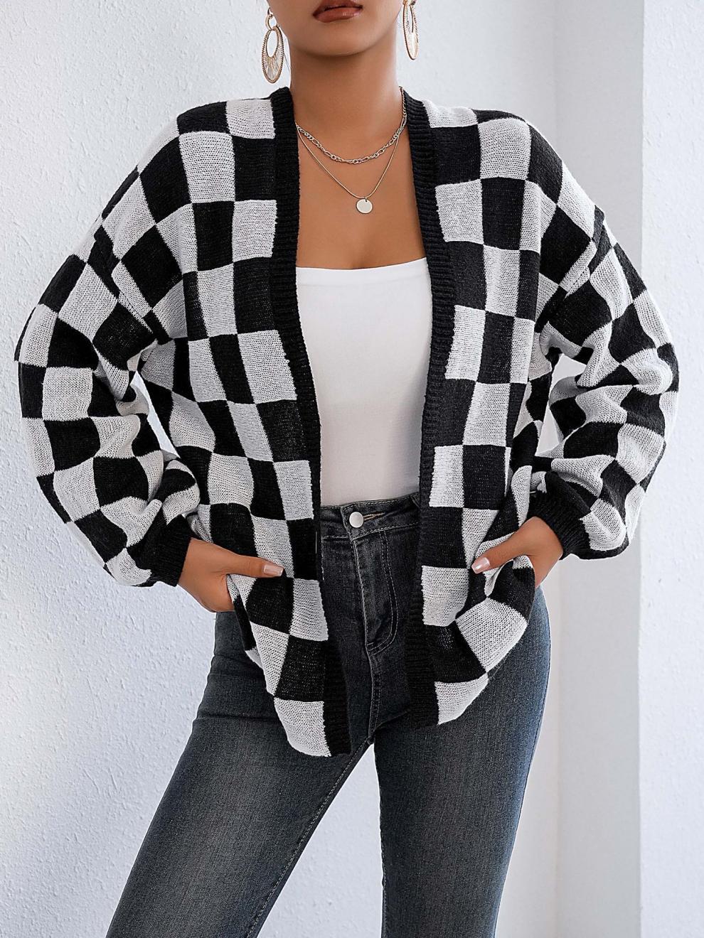 Moncelia Avielle Deer Plush Checkerboard Cardigan