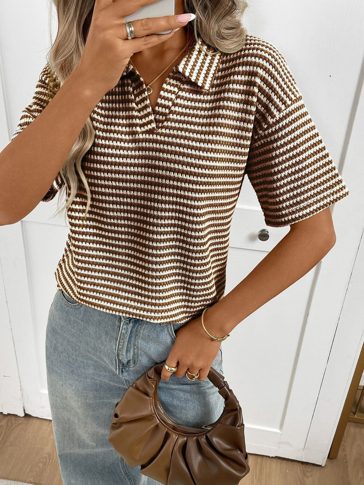 Moncelia Mabel Textured Knit Polo Top