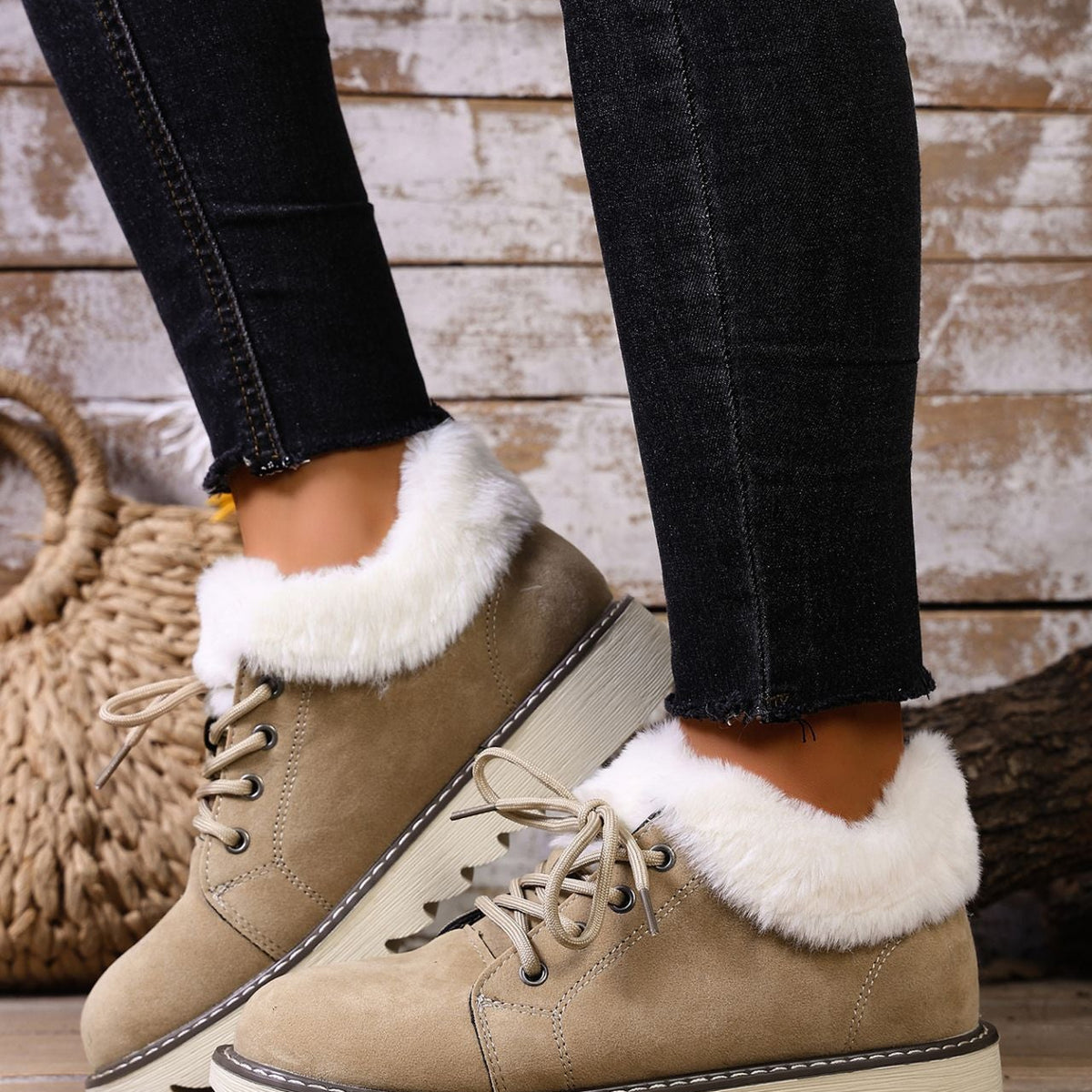 Cora Plush Cuff Lace-Up Platform Booties