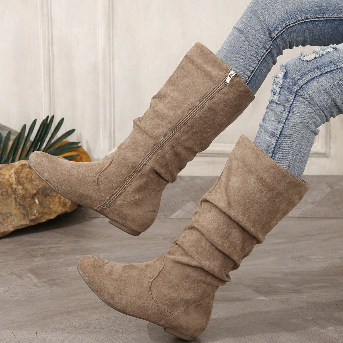 Moncelia Frida Slouch Mid-Calf Flat Faux Suede Boots