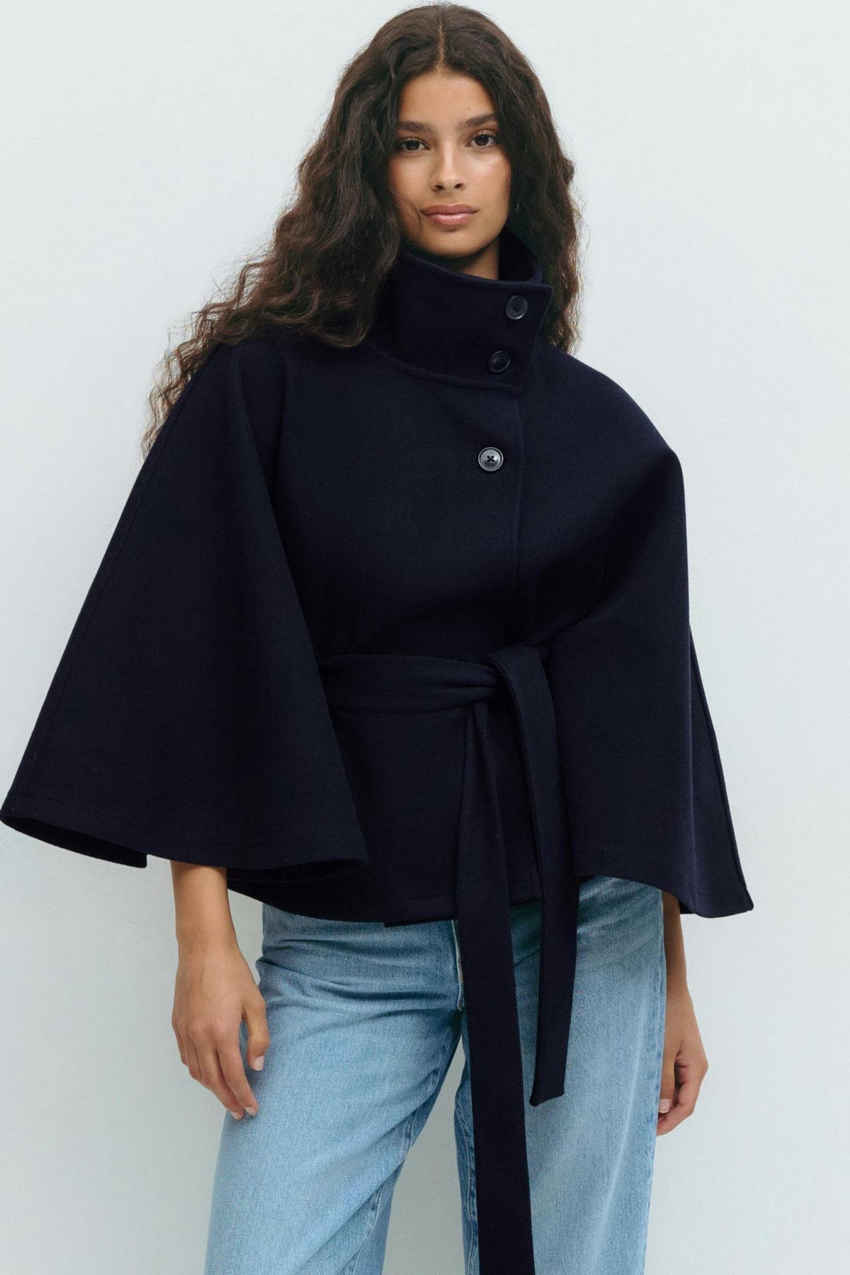 Moncelia Anneke Button-Front Belted Cape Coat