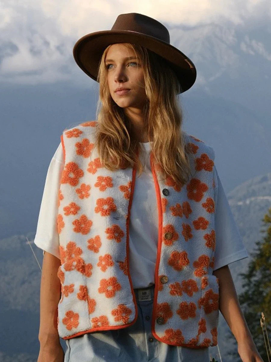 Moncelia Chiara Floral Sherpa Button-Front Vest