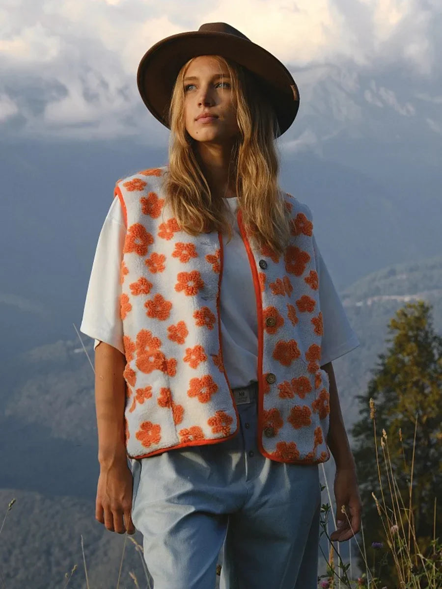 Moncelia Chiara Floral Sherpa Button-Front Vest