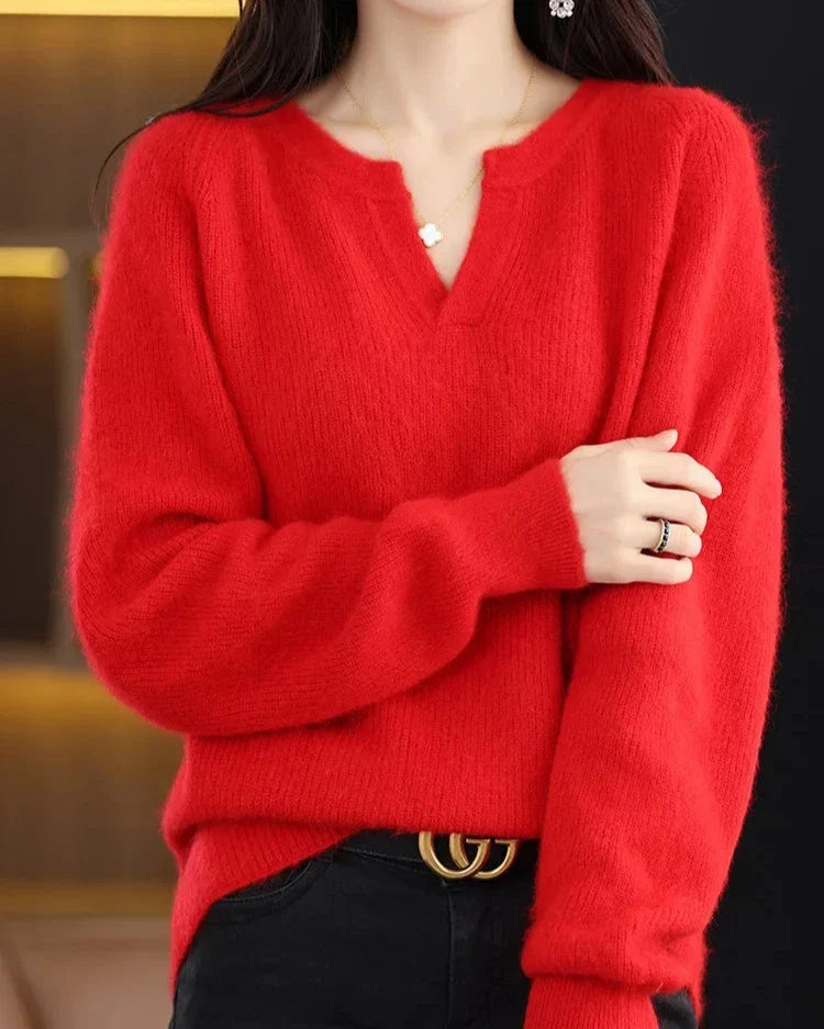 Moncelia Mimosa Plush Velvet Notch V-Neck Sweater