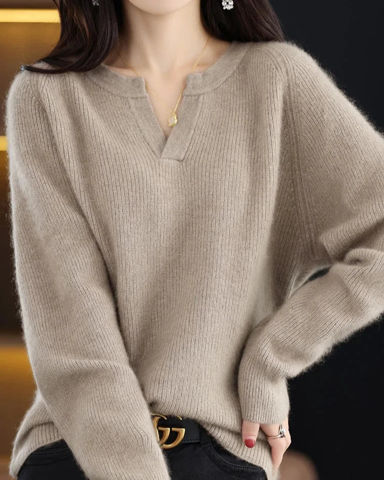 Moncelia Mimosa Plush Velvet Notch V-Neck Sweater