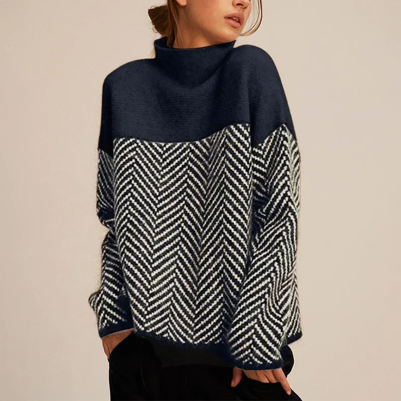 Moncelia Sidony Herringbone Colorblock Turtleneck Sweater
