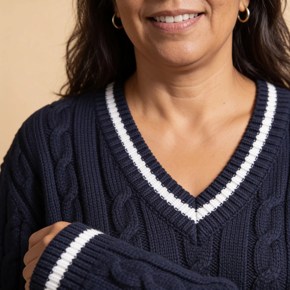 Moncelia Blanca Striped-Trim Cable Knit V-Neck Sweater