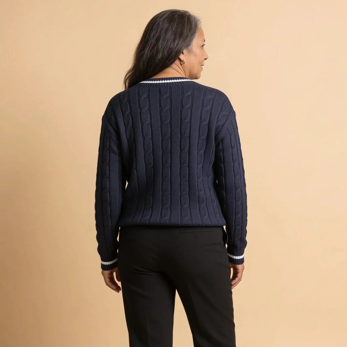 Moncelia Blanca Striped-Trim Cable Knit V-Neck Sweater