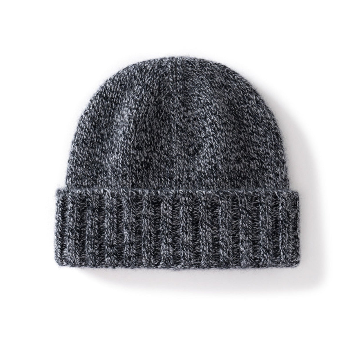 Margo & Main gray fleck ribbed cashmere fisherman beanie — angled view of the marled knit and fold-over cuff
