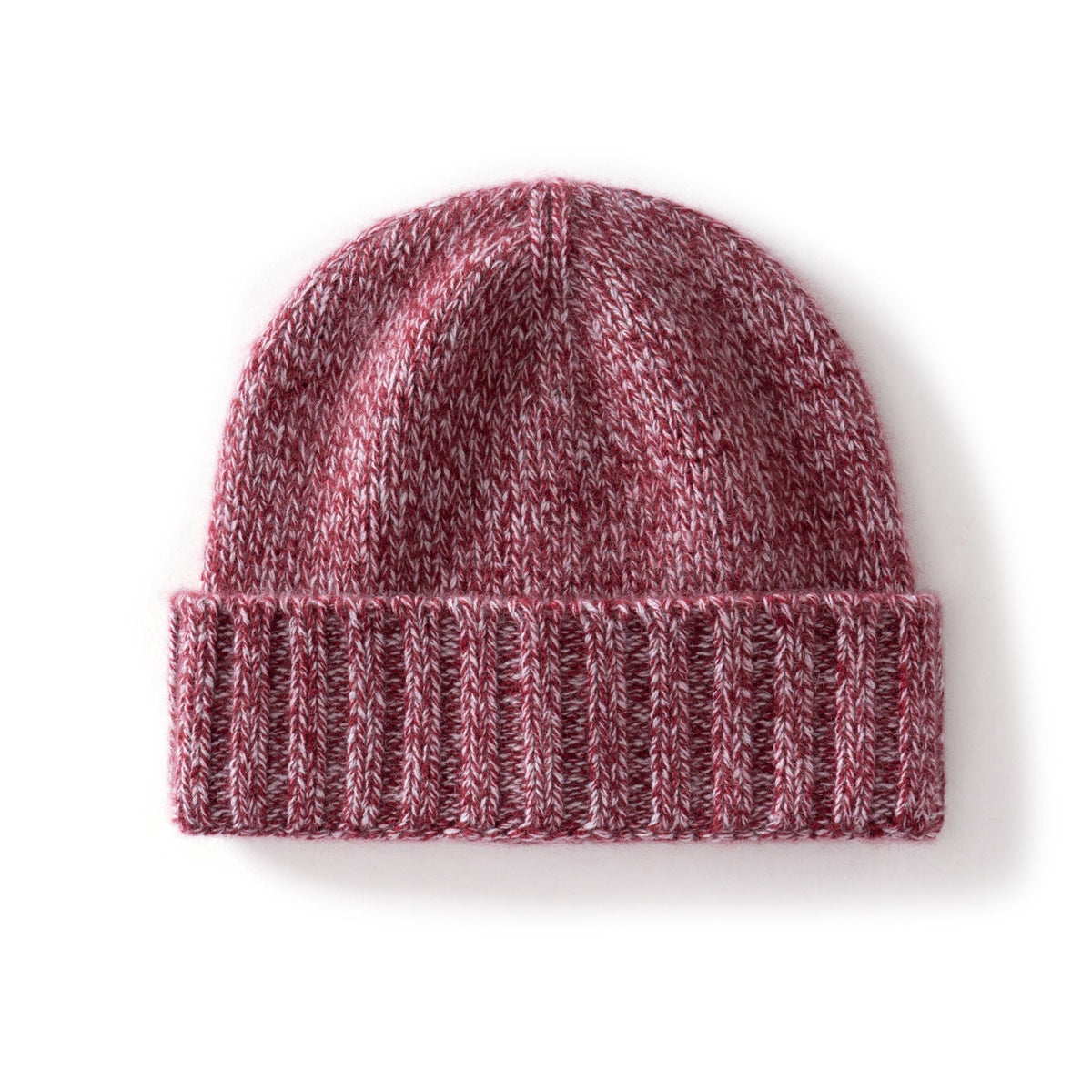 Margo & Main red fleck ribbed cashmere fisherman beanie — angled view of the wide fold-over ribbed cuff