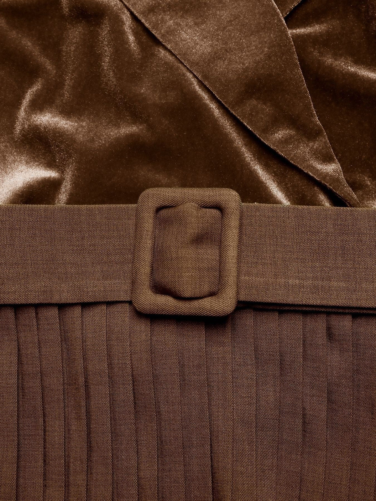 Margo & Main chocolate velvet midi dress — close-up of the lapel and covered buckle belt