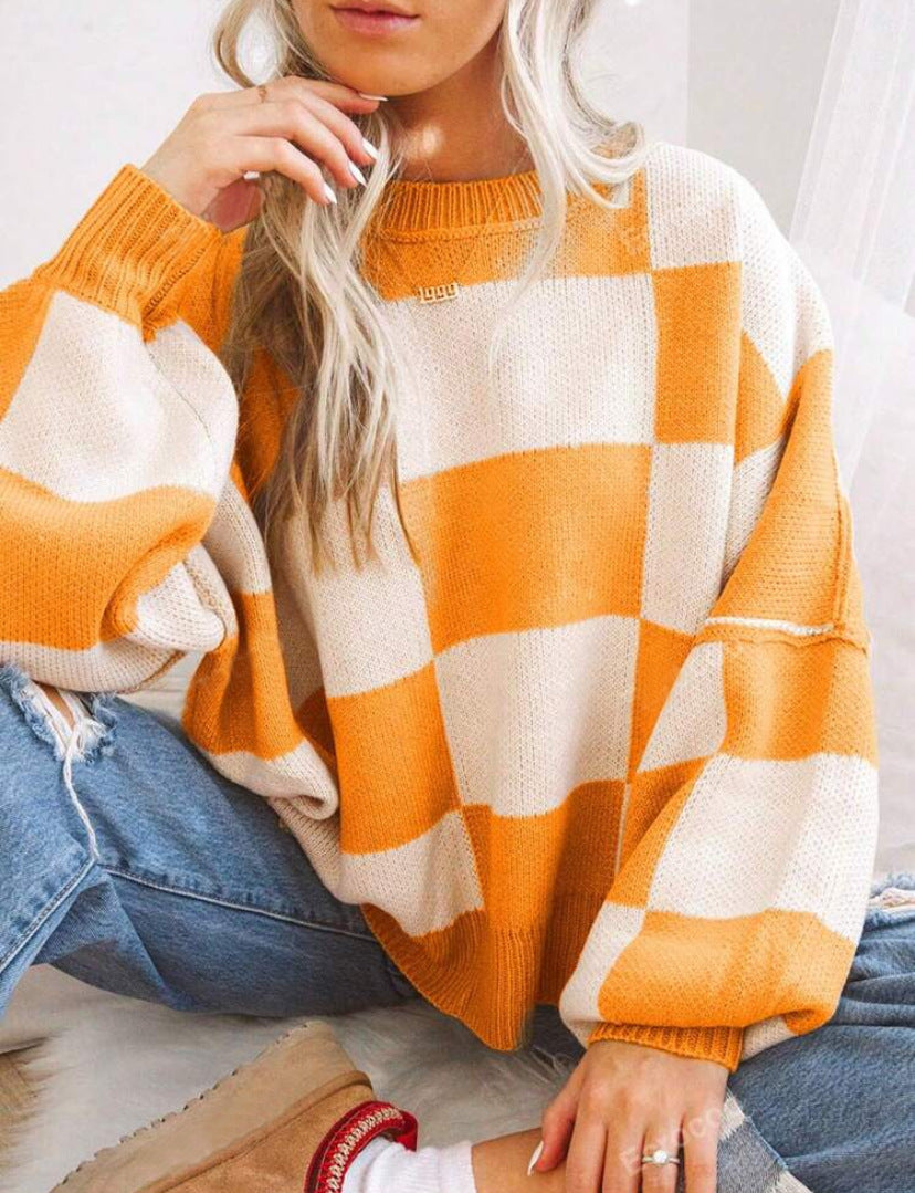 Moncelia Aemilia Checkerboard Oversized Crew Sweater