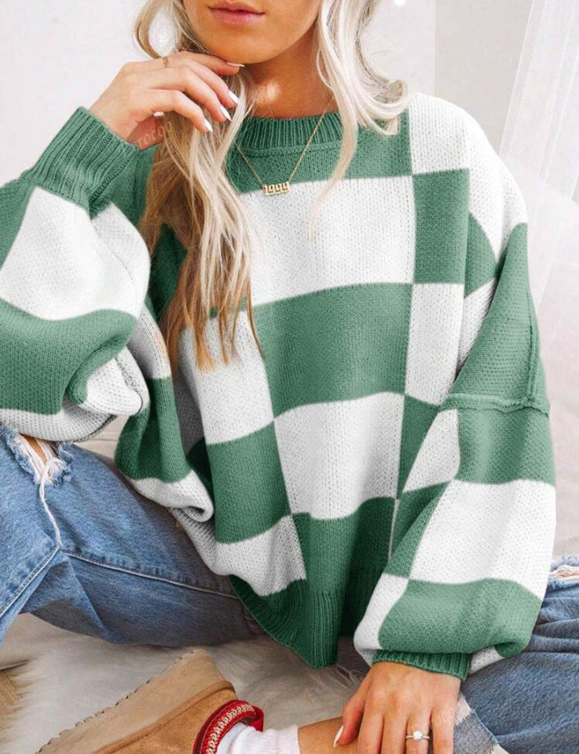 Moncelia Aemilia Checkerboard Oversized Crew Sweater
